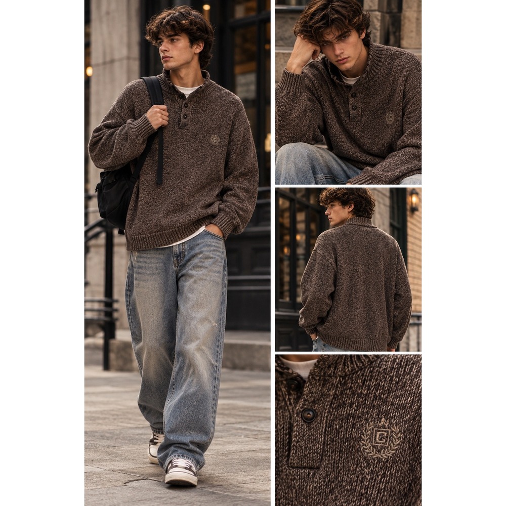 Y2K Chaps Mens Brown Marled Knit Mock Neck Quarter Button Sweater XL 100% Cotton